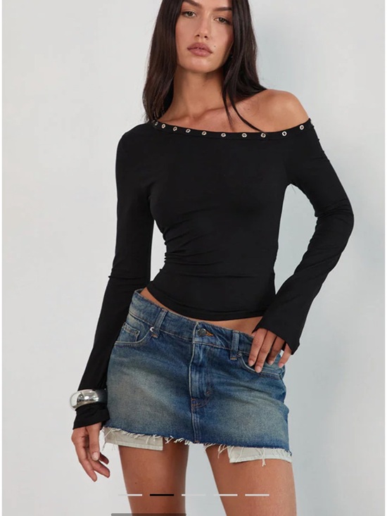Motel Rocks Tops - Off-Shoulder Black Long-Sleeve Top with Eyelet Trim